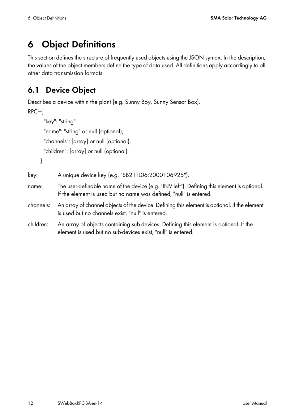 6 object definitions, 1 device object | SMA SUNNY WEBBOX RPC User Manual | Page 12 / 35