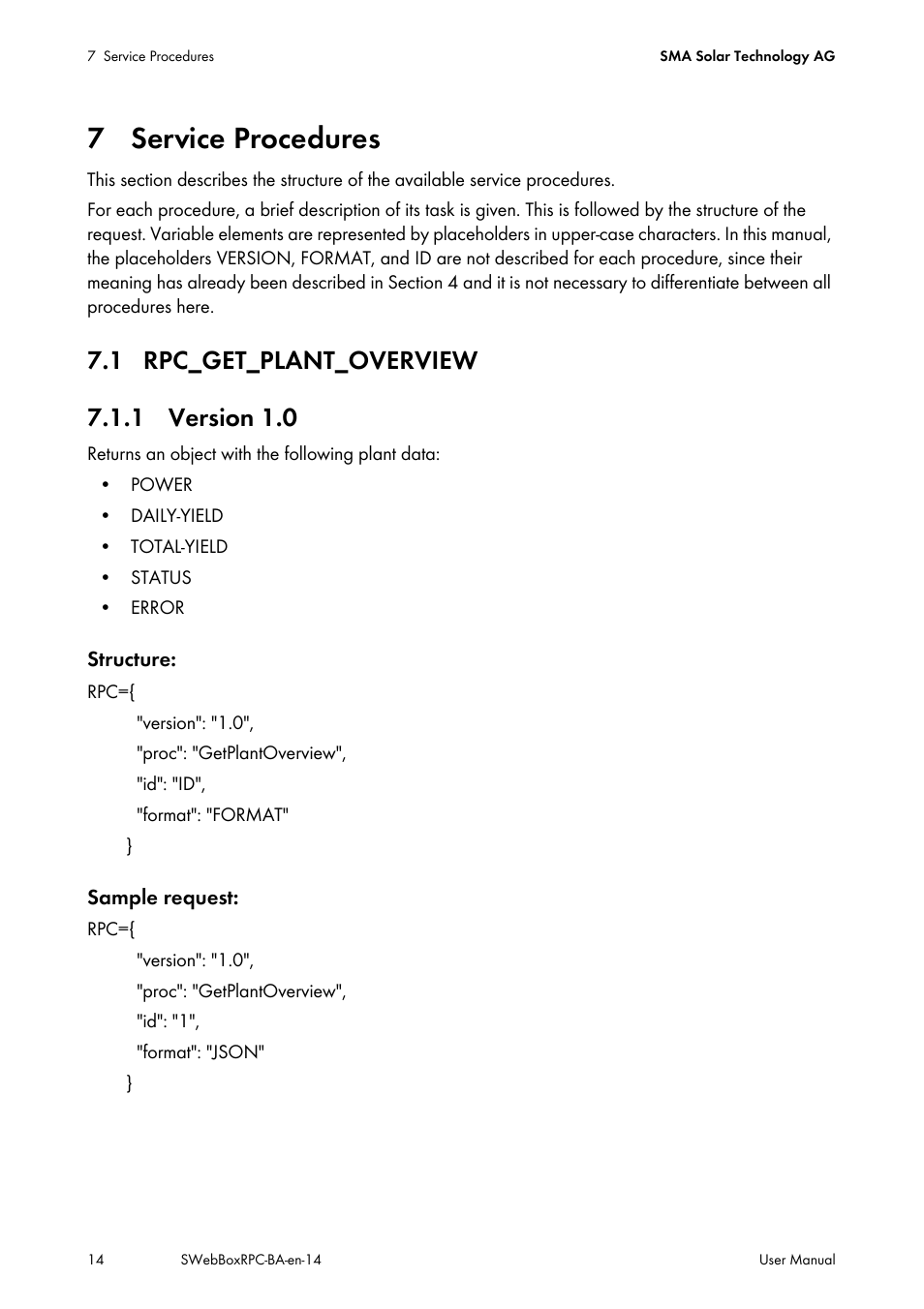 7 service procedures, 1 rpc_get_plant_overview, 1 version 1.0 | SMA SUNNY WEBBOX RPC User Manual | Page 14 / 35