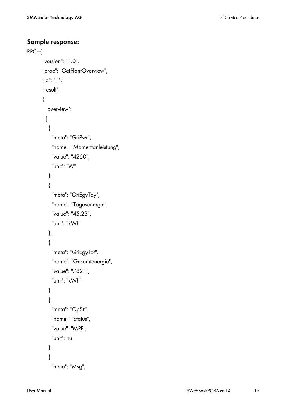 Sample response | SMA SUNNY WEBBOX RPC User Manual | Page 15 / 35