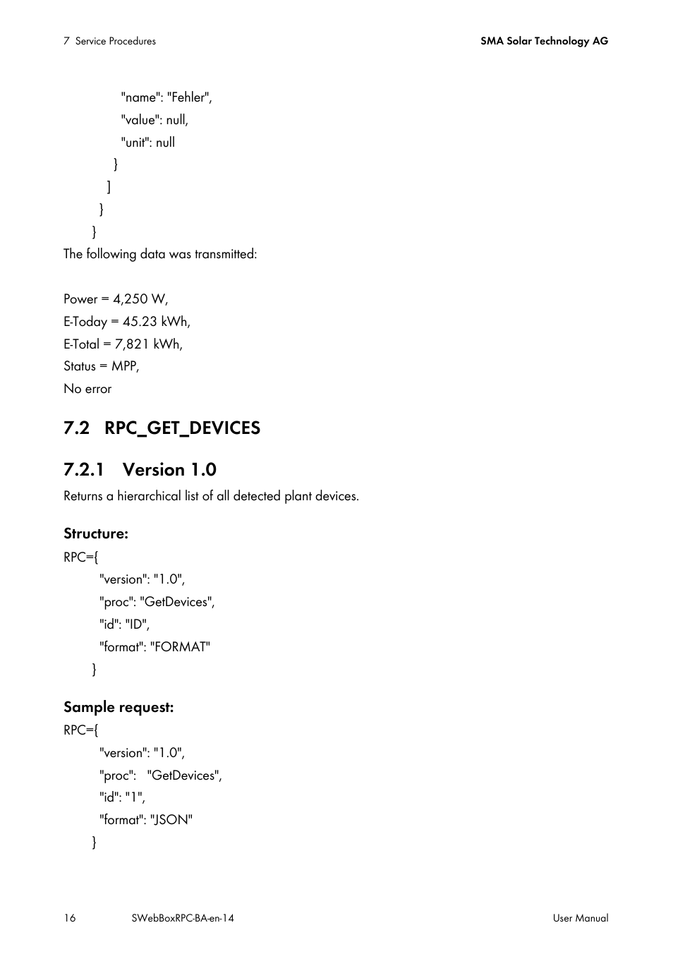 2 rpc_get_devices, 1 version 1.0 | SMA SUNNY WEBBOX RPC User Manual | Page 16 / 35