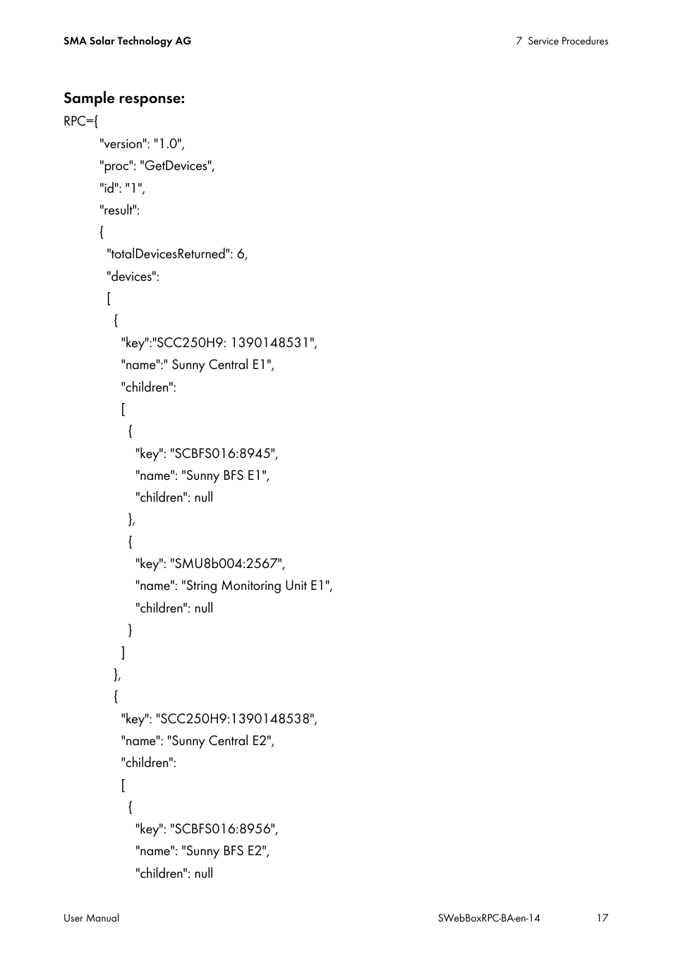 Sample response | SMA SUNNY WEBBOX RPC User Manual | Page 17 / 35