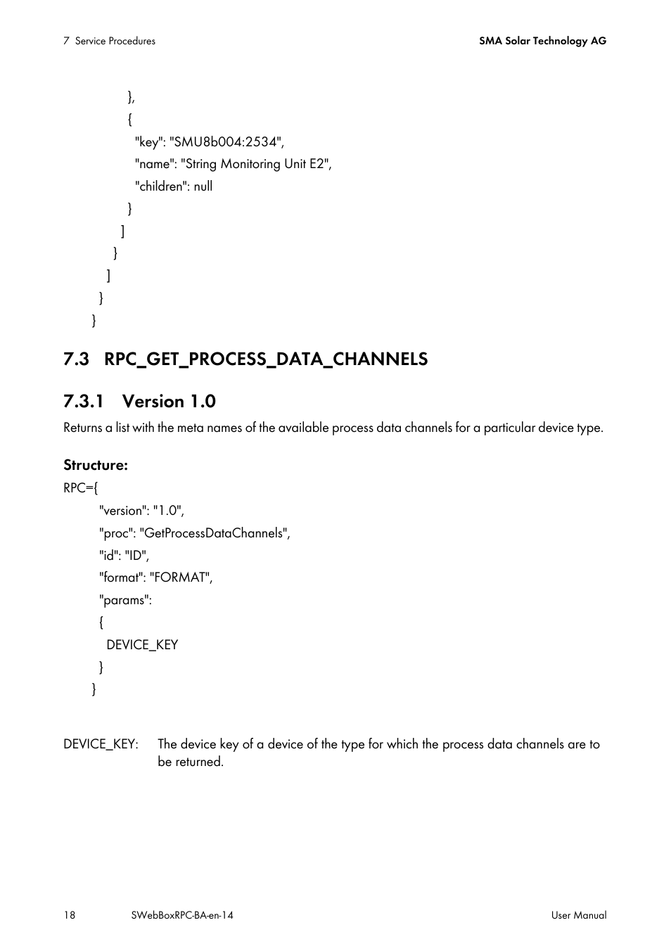 3 rpc_get_process_data_channels, 1 version 1.0 | SMA SUNNY WEBBOX RPC User Manual | Page 18 / 35