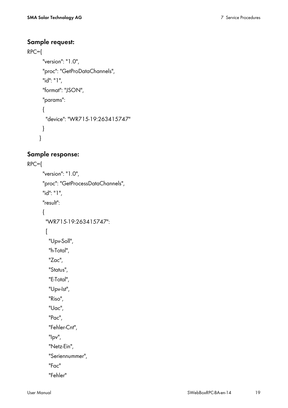 Sample request, Sample response | SMA SUNNY WEBBOX RPC User Manual | Page 19 / 35