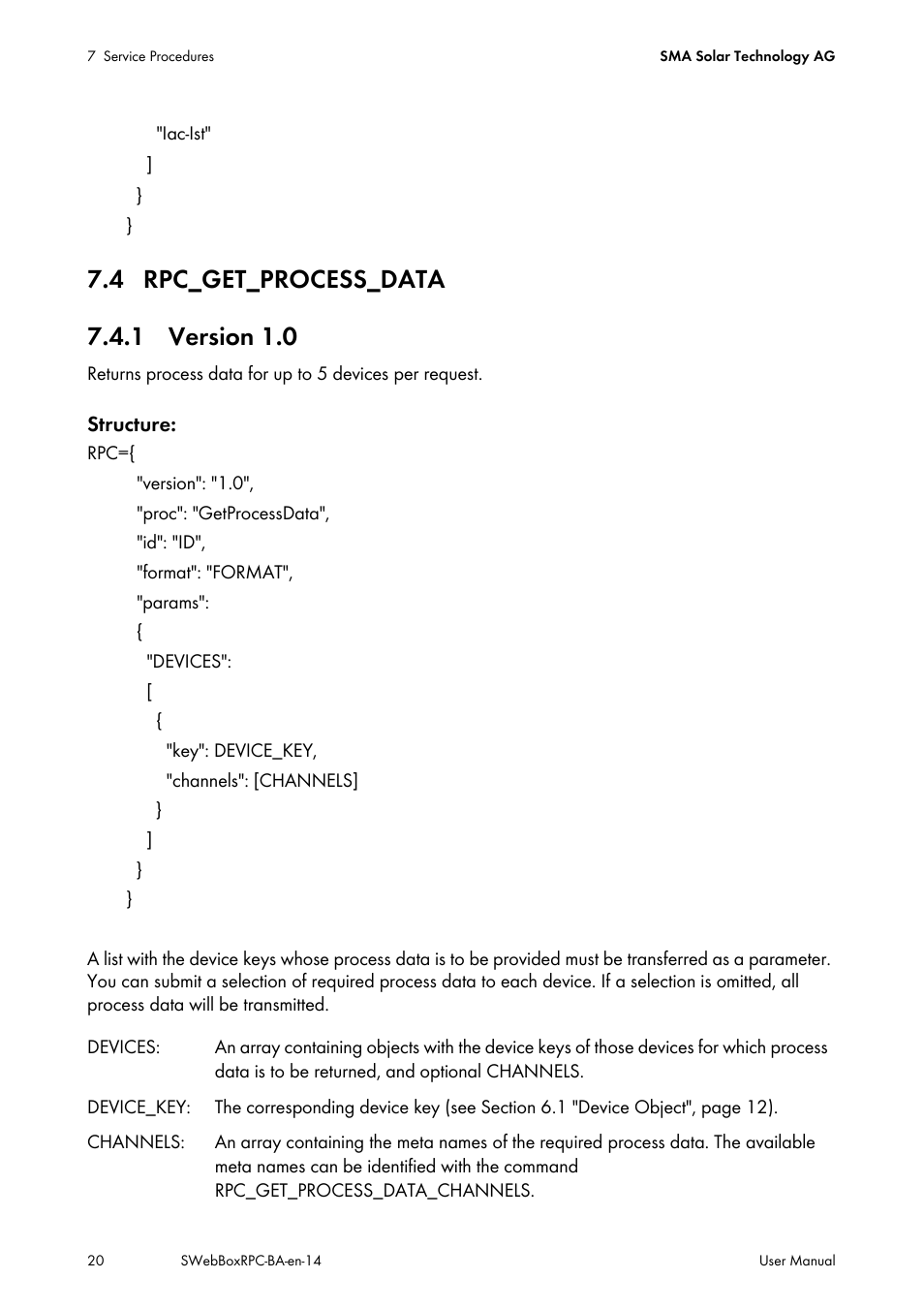 4 rpc_get_process_data, 1 version 1.0 | SMA SUNNY WEBBOX RPC User Manual | Page 20 / 35