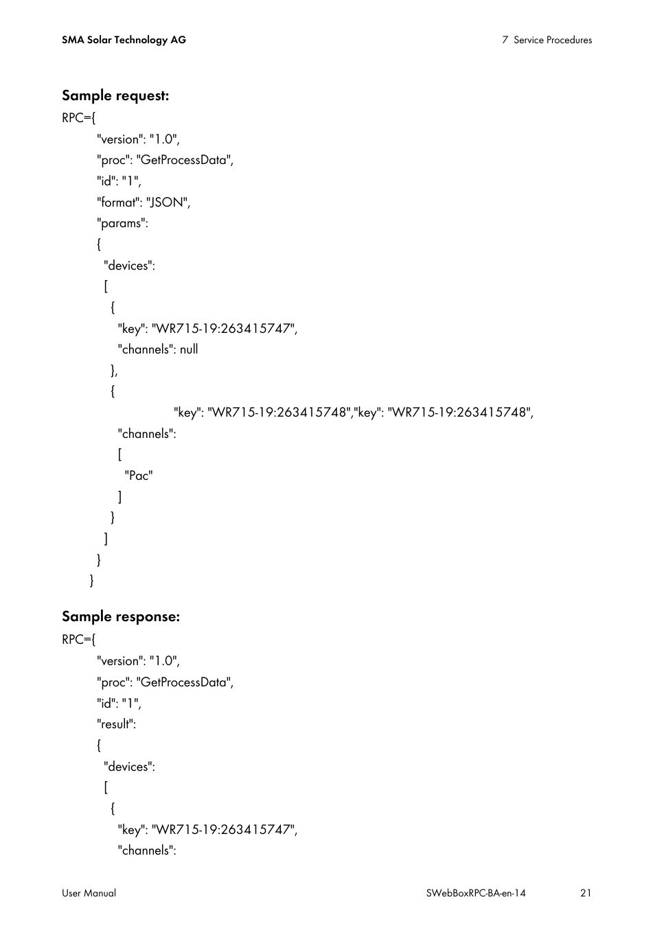 Sample request, Sample response | SMA SUNNY WEBBOX RPC User Manual | Page 21 / 35