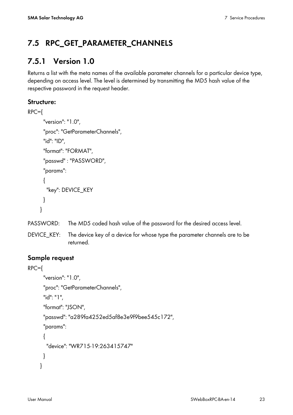 5 rpc_get_parameter_channels, 1 version 1.0 | SMA SUNNY WEBBOX RPC User Manual | Page 23 / 35