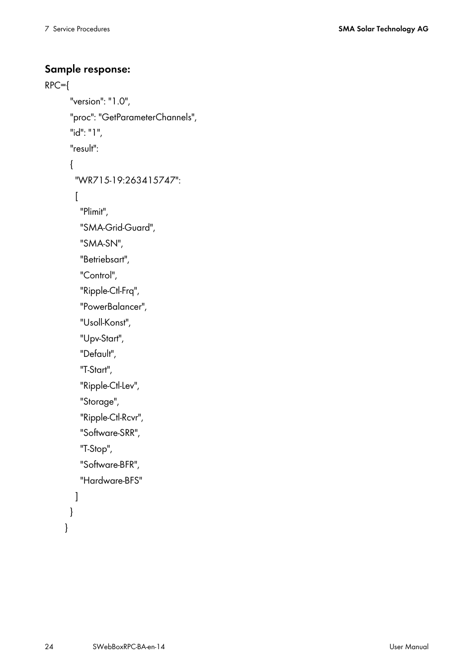 Sample response | SMA SUNNY WEBBOX RPC User Manual | Page 24 / 35