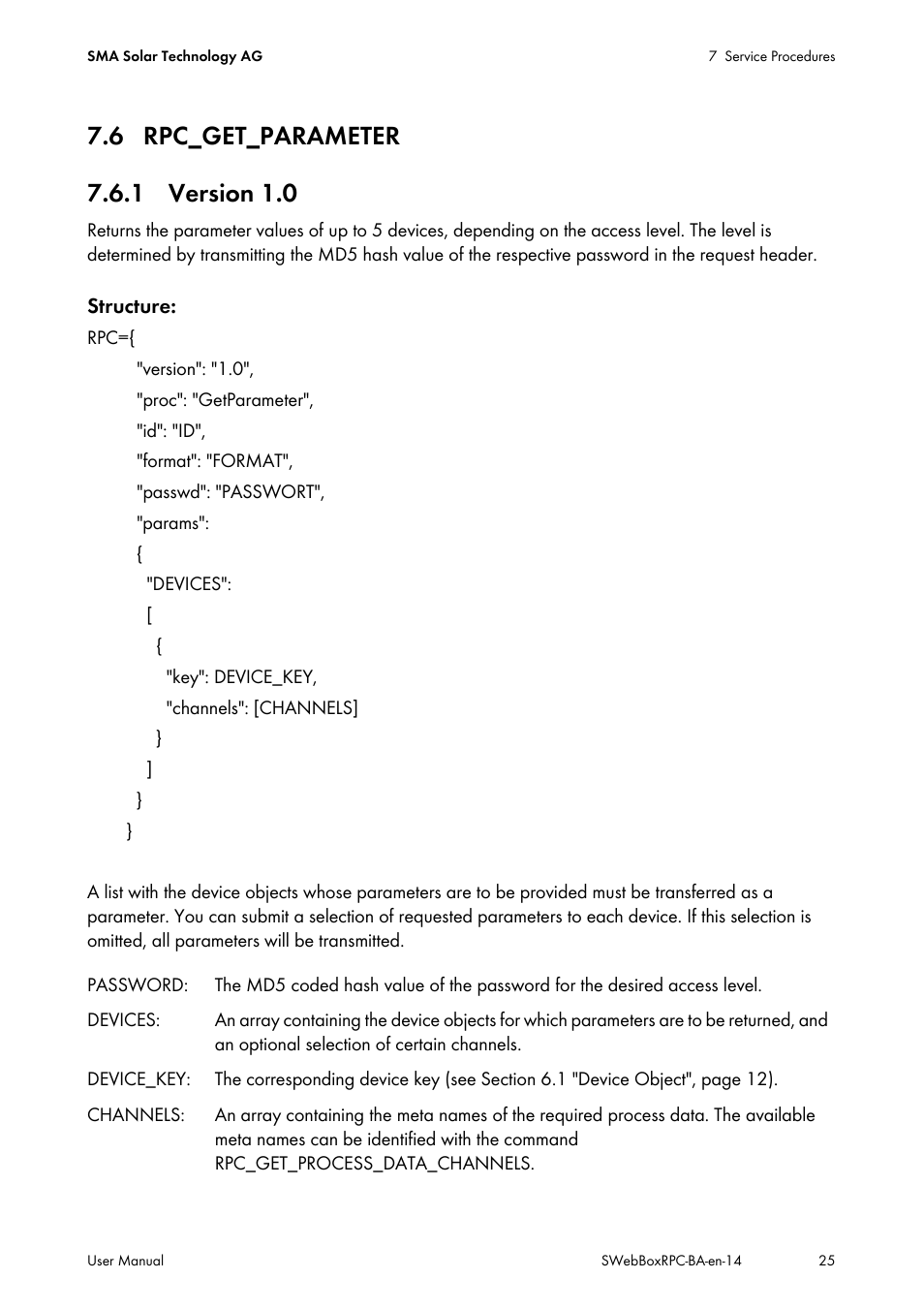 6 rpc_get_parameter, 1 version 1.0 | SMA SUNNY WEBBOX RPC User Manual | Page 25 / 35