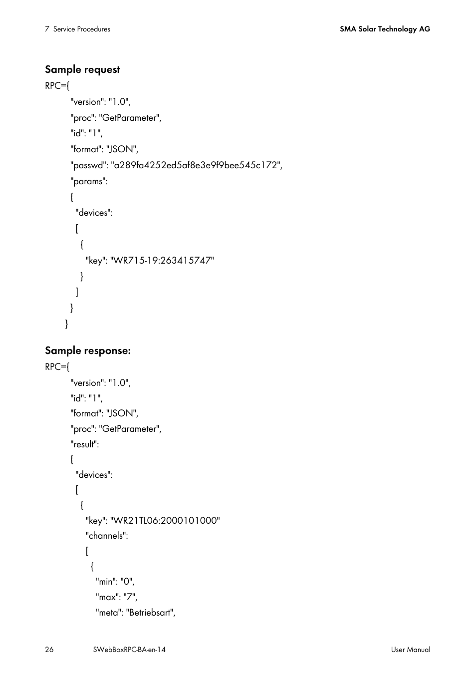 Sample request, Sample response | SMA SUNNY WEBBOX RPC User Manual | Page 26 / 35