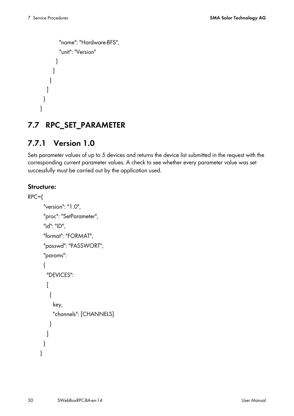 7 rpc_set_parameter, 1 version 1.0 | SMA SUNNY WEBBOX RPC User Manual | Page 30 / 35