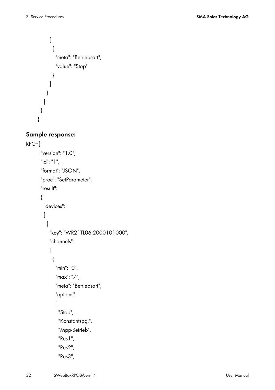 Sample response | SMA SUNNY WEBBOX RPC User Manual | Page 32 / 35