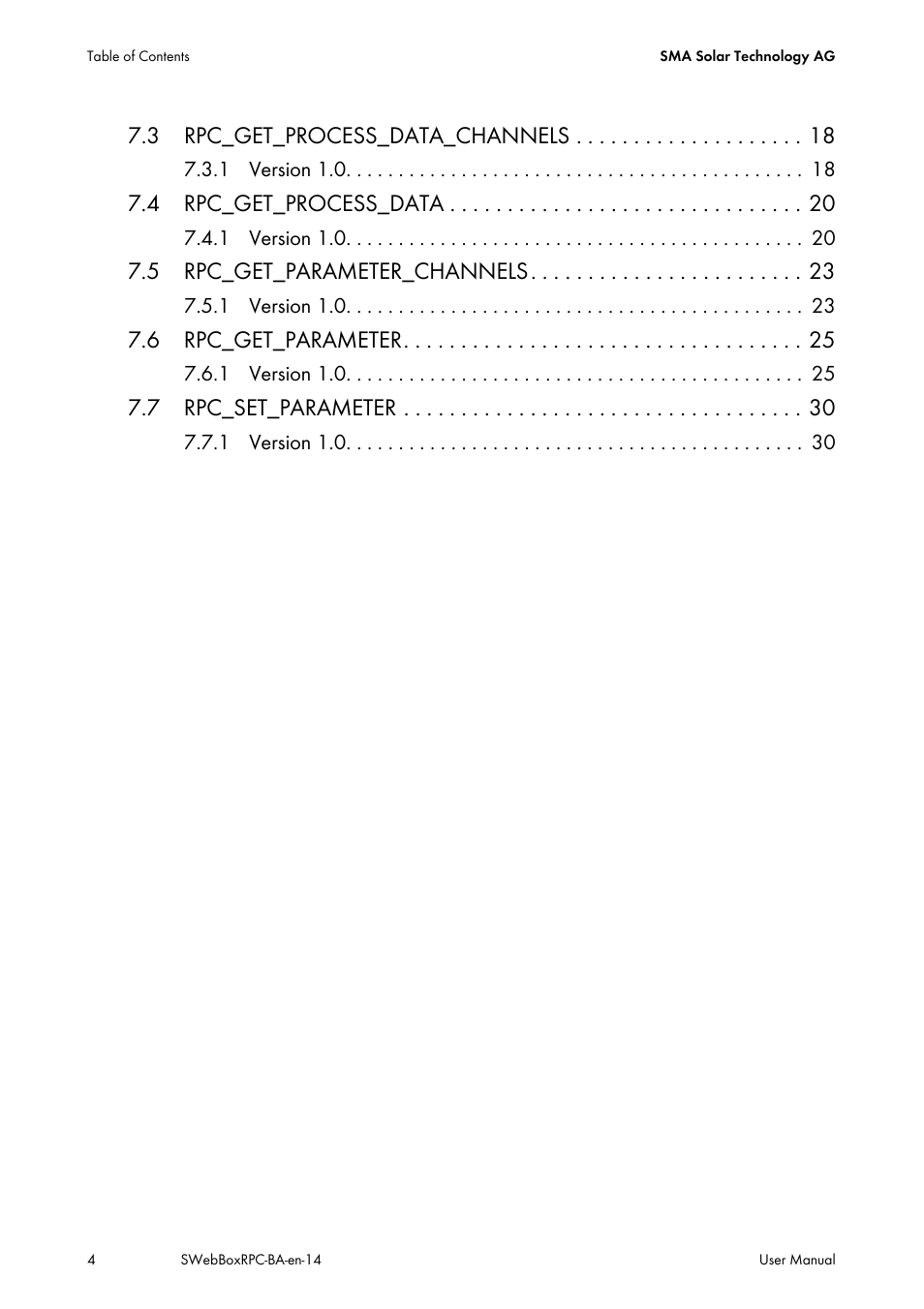 3 rpc_get_process_data_channels, 4 rpc_get_process_data, 5 rpc_get_parameter_channels | 6 rpc_get_parameter, 7 rpc_set_parameter | SMA SUNNY WEBBOX RPC User Manual | Page 4 / 35