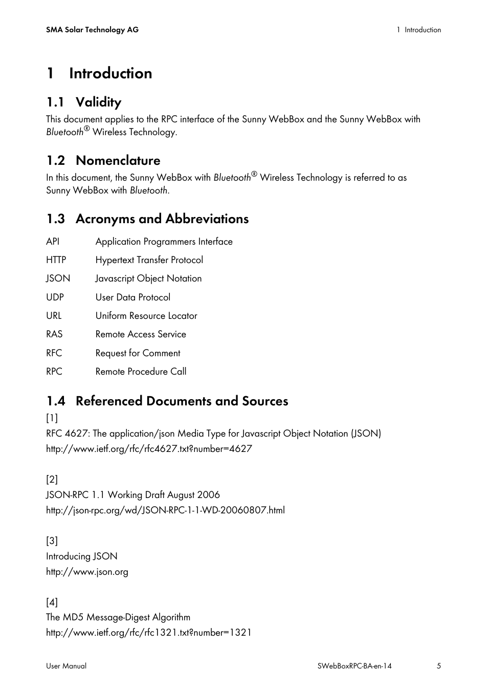 1 introduction, 1 validity, 2 nomenclature | 3 acronyms and abbreviations, 4 referenced documents and sources | SMA SUNNY WEBBOX RPC User Manual | Page 5 / 35