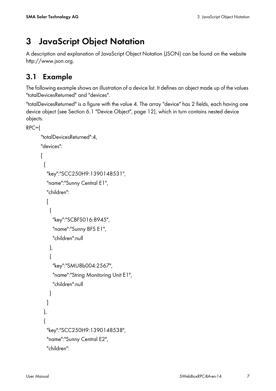 3 javascript object notation, 1 example | SMA SUNNY WEBBOX RPC User Manual | Page 7 / 35