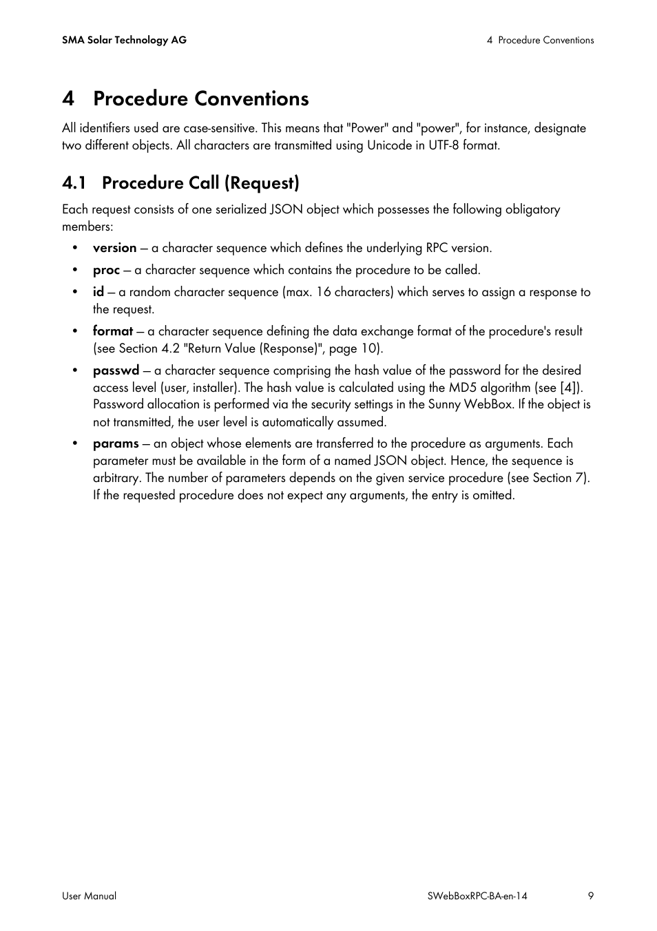 4 procedure conventions, 1 procedure call (request) | SMA SUNNY WEBBOX RPC User Manual | Page 9 / 35