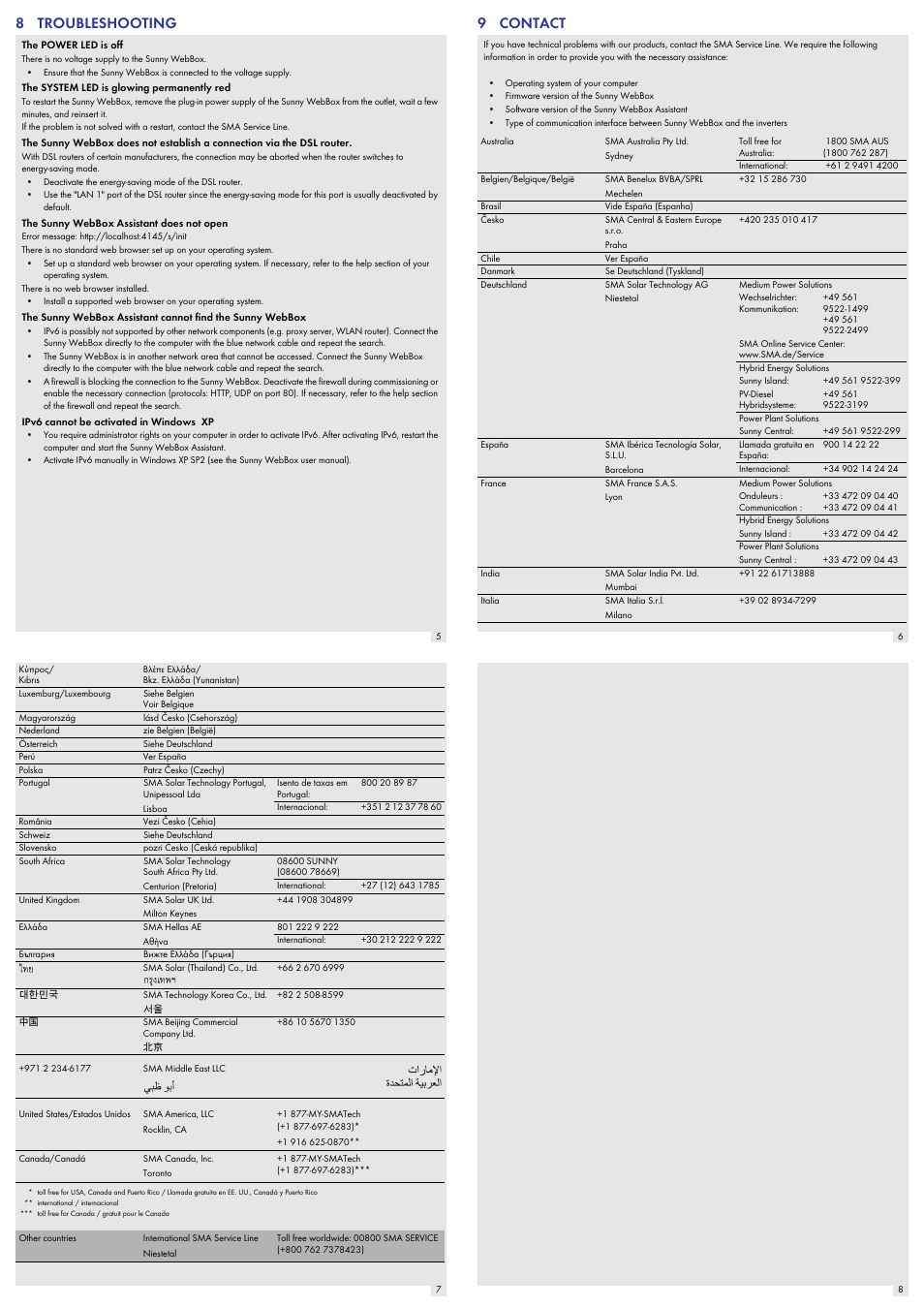 8 troubleshooting, 9 contact | SMA SUNNY WEBBOX Quick Reference Guide User Manual | Page 2 / 2