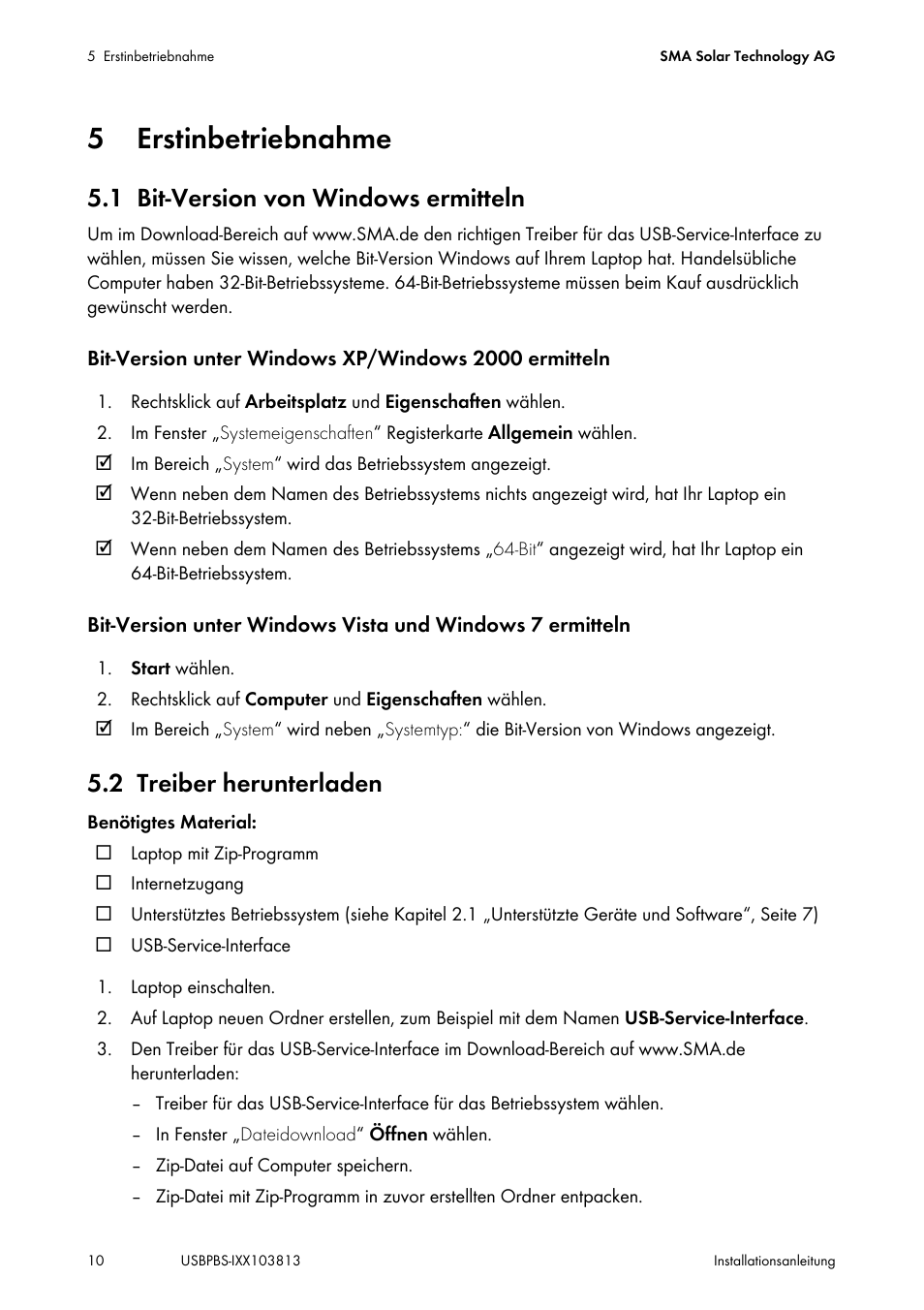 5 erstinbetriebnahme, 1 bit-version von windows ermitteln, 2 treiber herunterladen | Erstinbetriebnahme, Bit-version von windows ermitteln, Treiber herunterladen | SMA USB-Service-Interface User Manual | Page 10 / 160