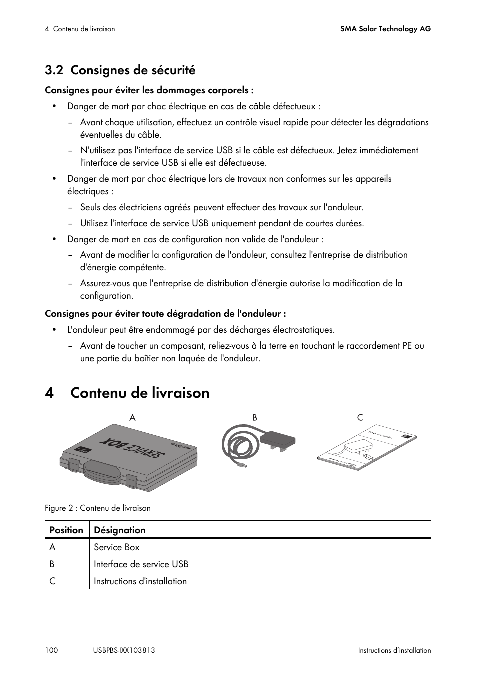 2 consignes de sécurité, 4 contenu de livraison, Consignes de sécurité | Contenu de livraison | SMA USB-Service-Interface User Manual | Page 100 / 160