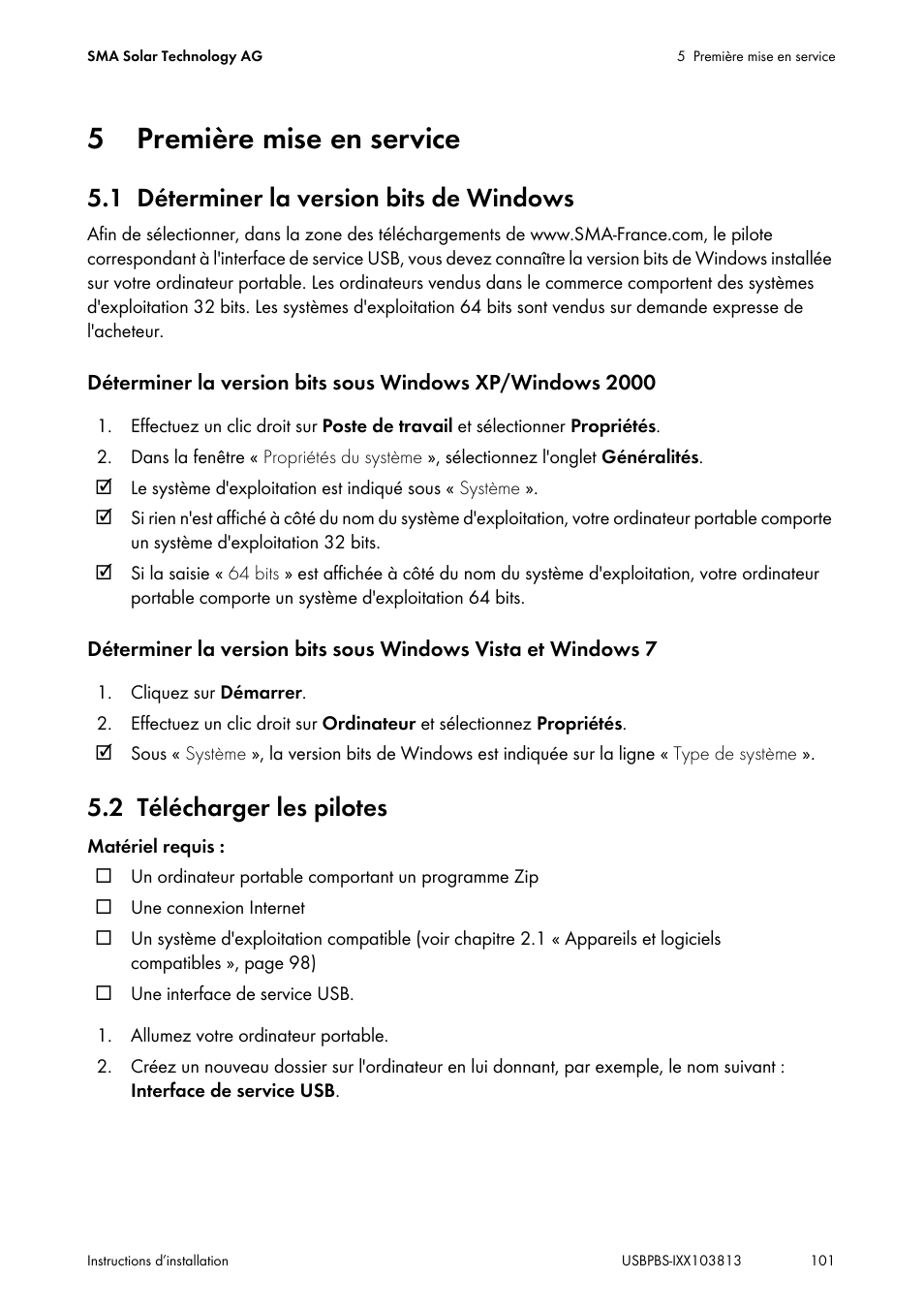 5 première mise en service, 1 déterminer la version bits de windows, 2 télécharger les pilotes | Première mise en service, Déterminer la version bits de windows, Télécharger les pilotes | SMA USB-Service-Interface User Manual | Page 101 / 160