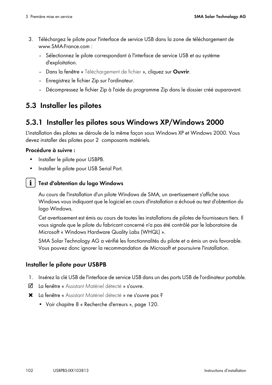 3 installer les pilotes, Installer les pilotes, Installer les pilotes sous windows xp/windows 2000 | SMA USB-Service-Interface User Manual | Page 102 / 160