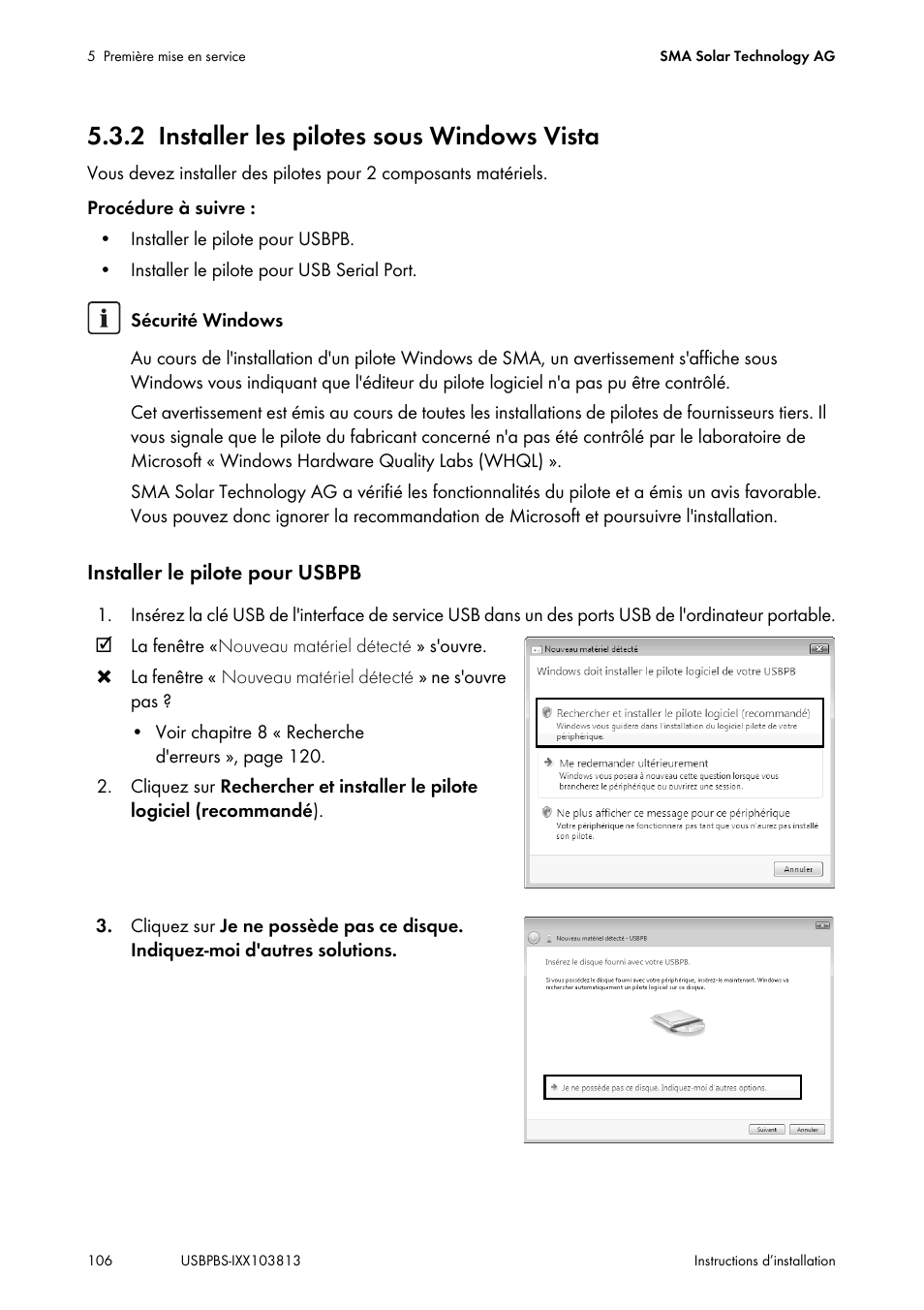 2 installer les pilotes sous windows vista, Installer les pilotes sous windows vista | SMA USB-Service-Interface User Manual | Page 106 / 160
