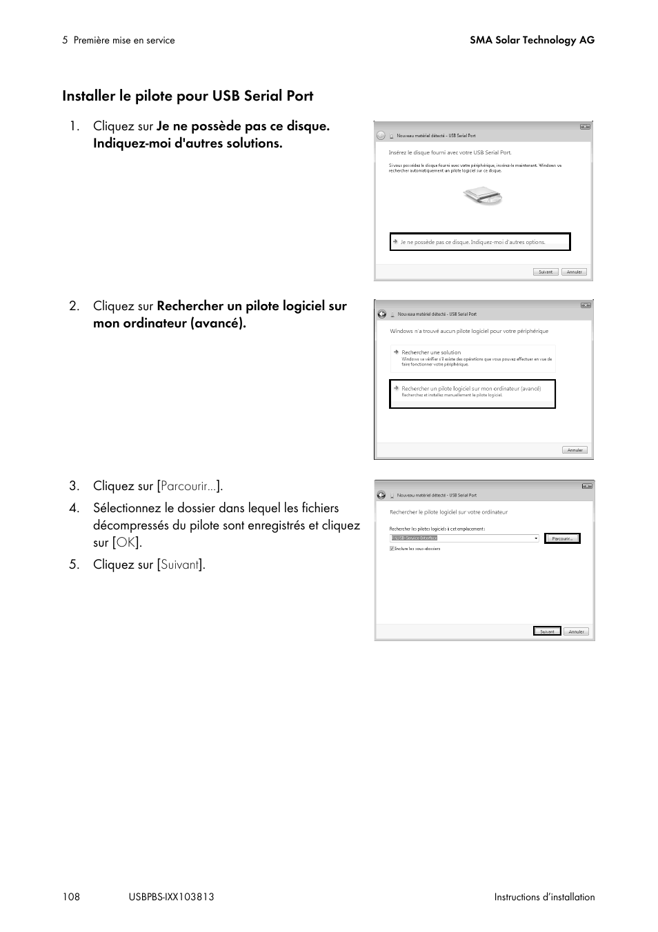 Installer le pilote pour usb serial port | SMA USB-Service-Interface User Manual | Page 108 / 160
