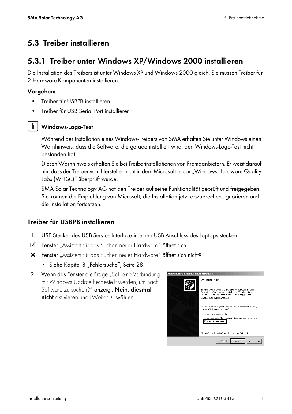 3 treiber installieren, Treiber installieren, Treiber unter windows xp/windows 2000 installieren | SMA USB-Service-Interface User Manual | Page 11 / 160