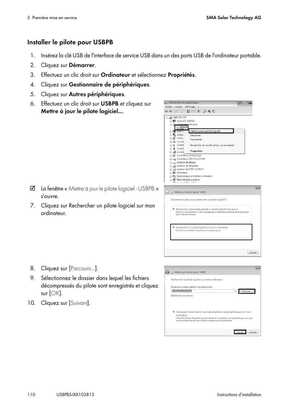 Installer le pilote pour usbpb | SMA USB-Service-Interface User Manual | Page 110 / 160
