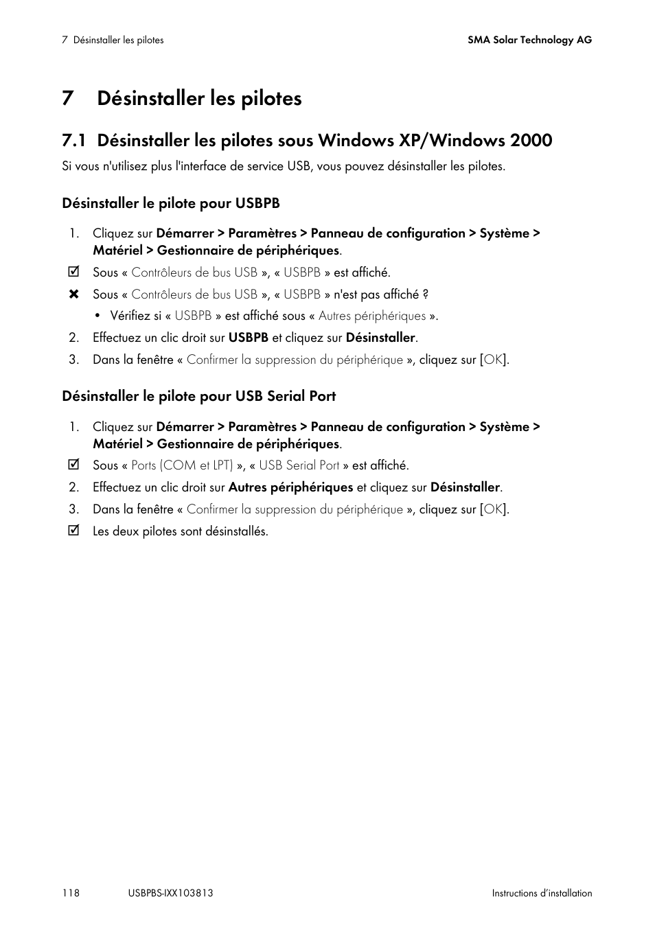 7 désinstaller les pilotes, Désinstaller les pilotes | SMA USB-Service-Interface User Manual | Page 118 / 160
