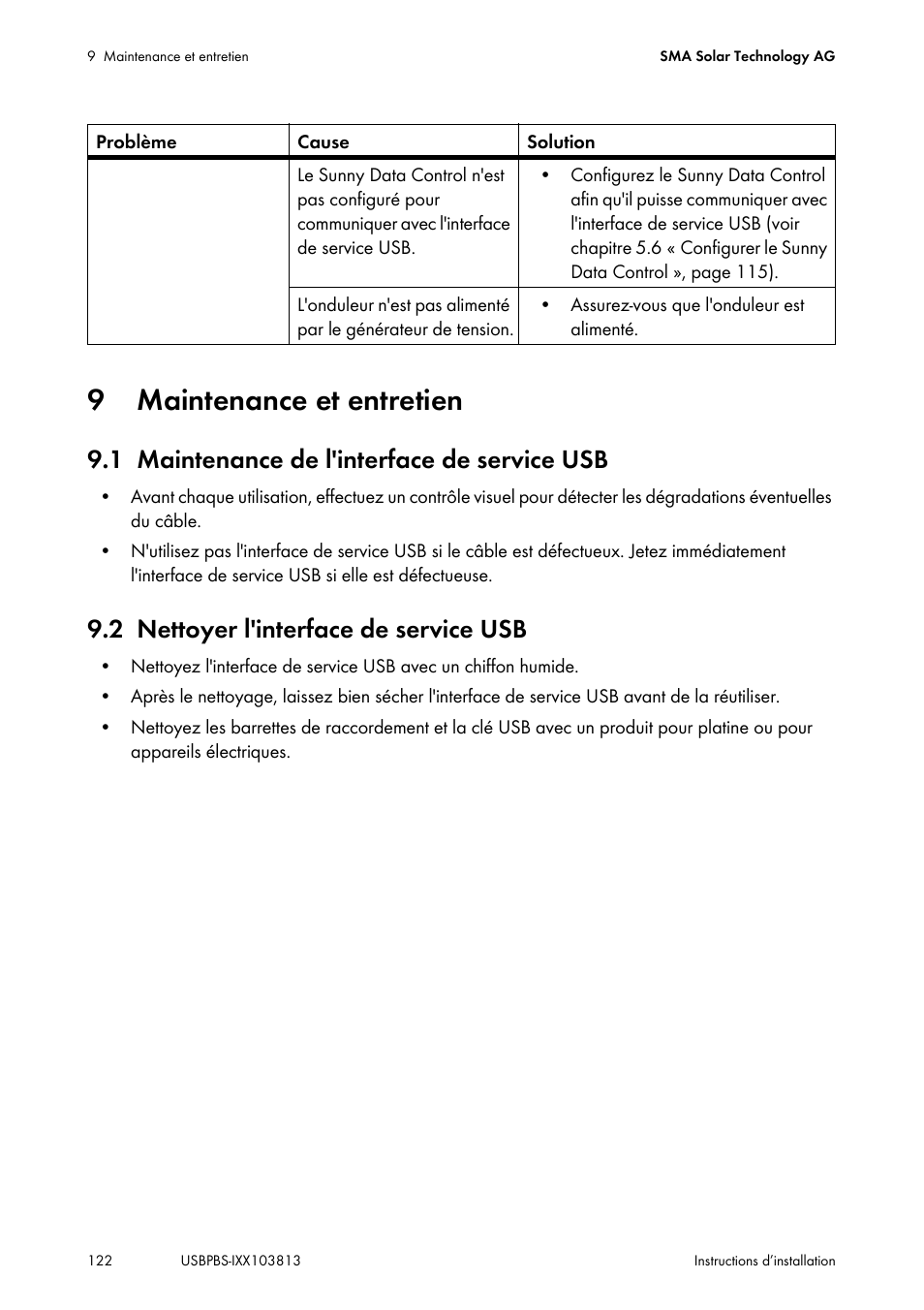 9 maintenance et entretien, 1 maintenance de l'interface de service usb, 2 nettoyer l'interface de service usb | Maintenance et entretien, Maintenance de l'interface de service usb, Nettoyer l'interface de service usb | SMA USB-Service-Interface User Manual | Page 122 / 160