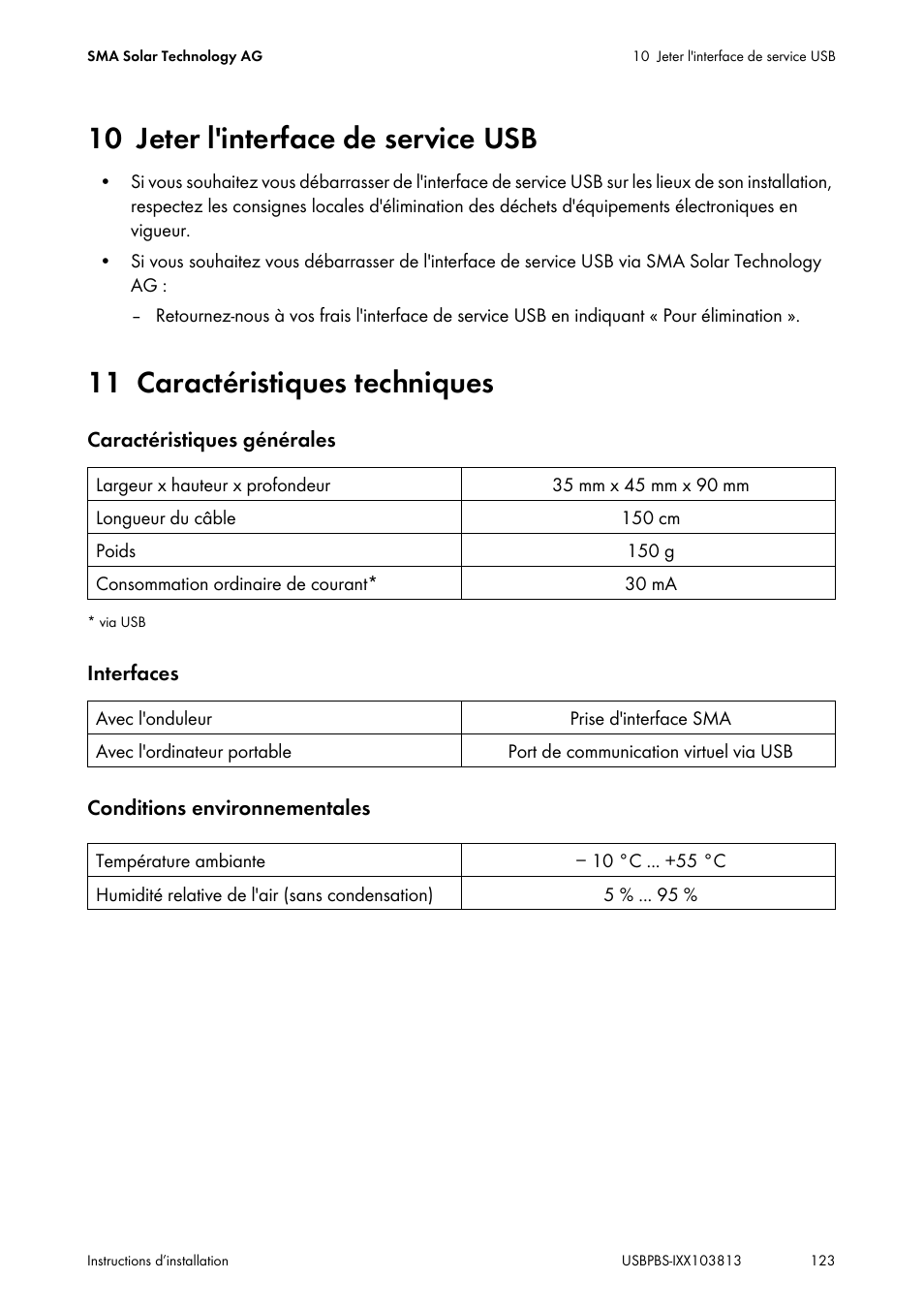 10 jeter l'interface de service usb, 11 caractéristiques techniques, Jeter l'interface de service usb | Caractéristiques techniques | SMA USB-Service-Interface User Manual | Page 123 / 160