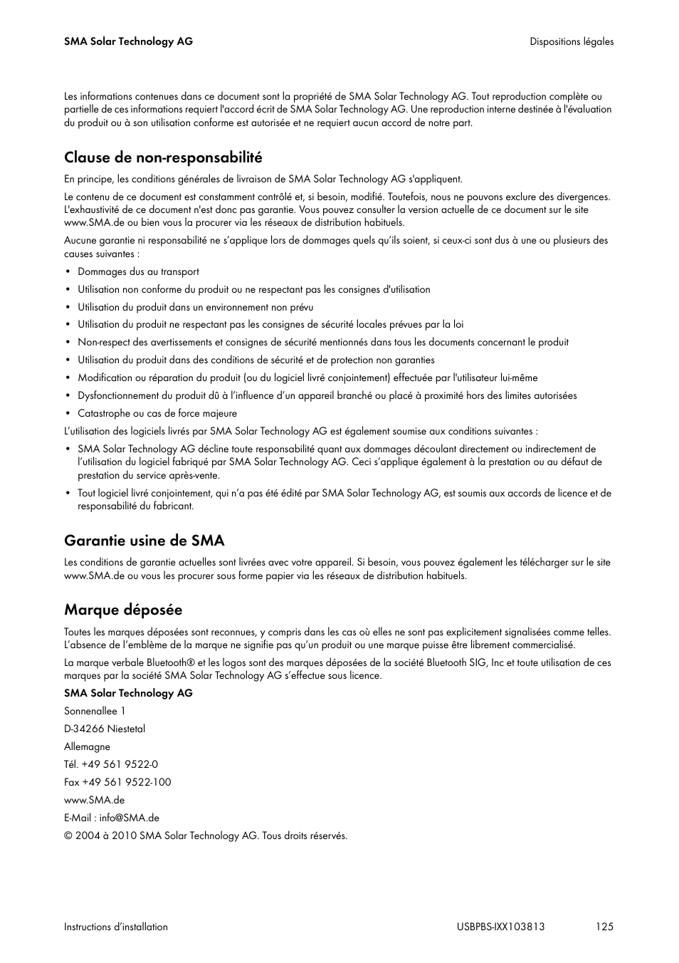 Clause de non-responsabilité, Garantie usine de sma, Marque déposée | SMA USB-Service-Interface User Manual | Page 125 / 160