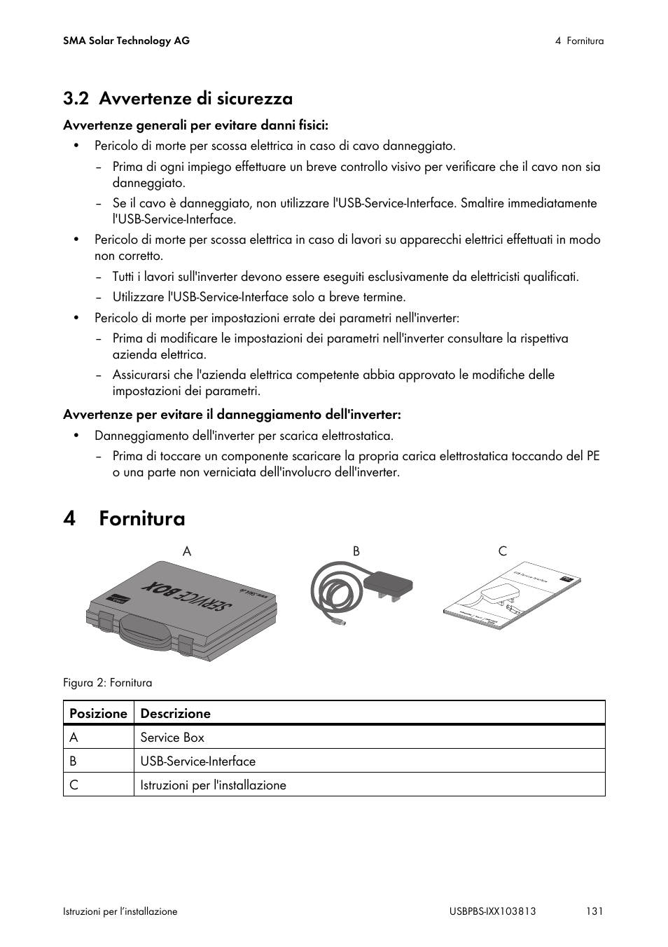 2 avvertenze di sicurezza, 4 fornitura, Avvertenze di sicurezza | Fornitura | SMA USB-Service-Interface User Manual | Page 131 / 160