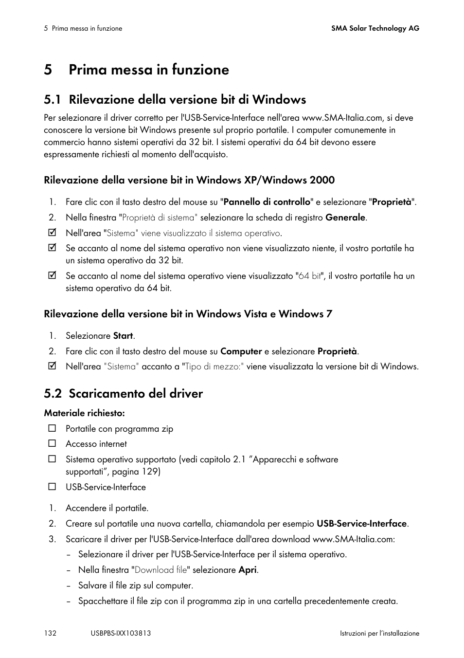 5 prima messa in funzione, 1 rilevazione della versione bit di windows, 2 scaricamento del driver | Prima messa in funzione, Rilevazione della versione bit di windows, Scaricamento del driver | SMA USB-Service-Interface User Manual | Page 132 / 160