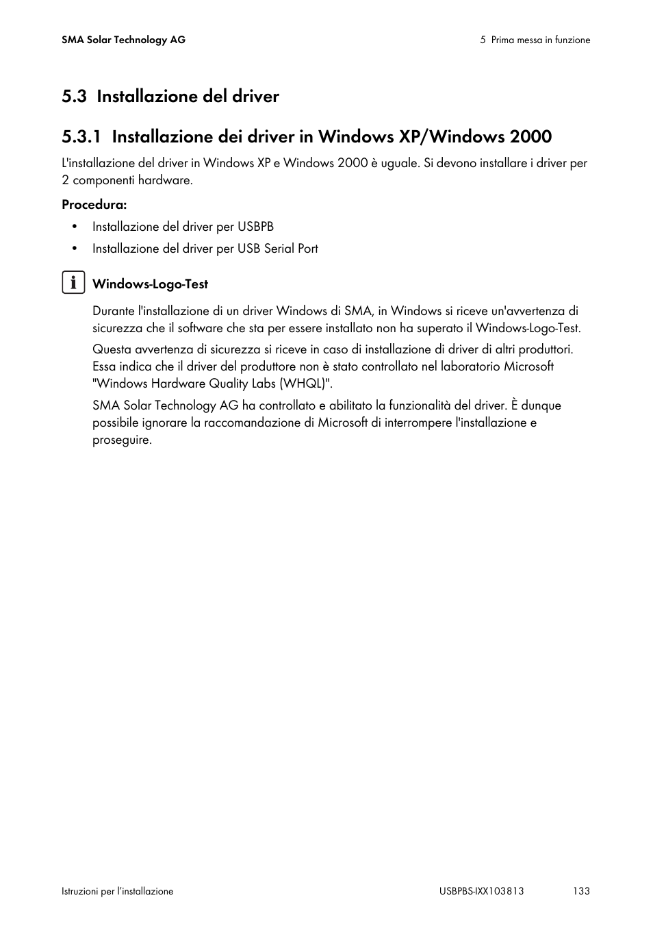3 installazione del driver, Installazione del driver | SMA USB-Service-Interface User Manual | Page 133 / 160