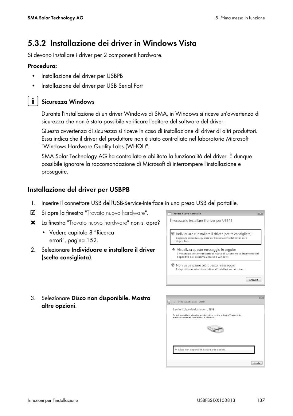 2 installazione dei driver in windows vista, Installazione dei driver in windows vista | SMA USB-Service-Interface User Manual | Page 137 / 160