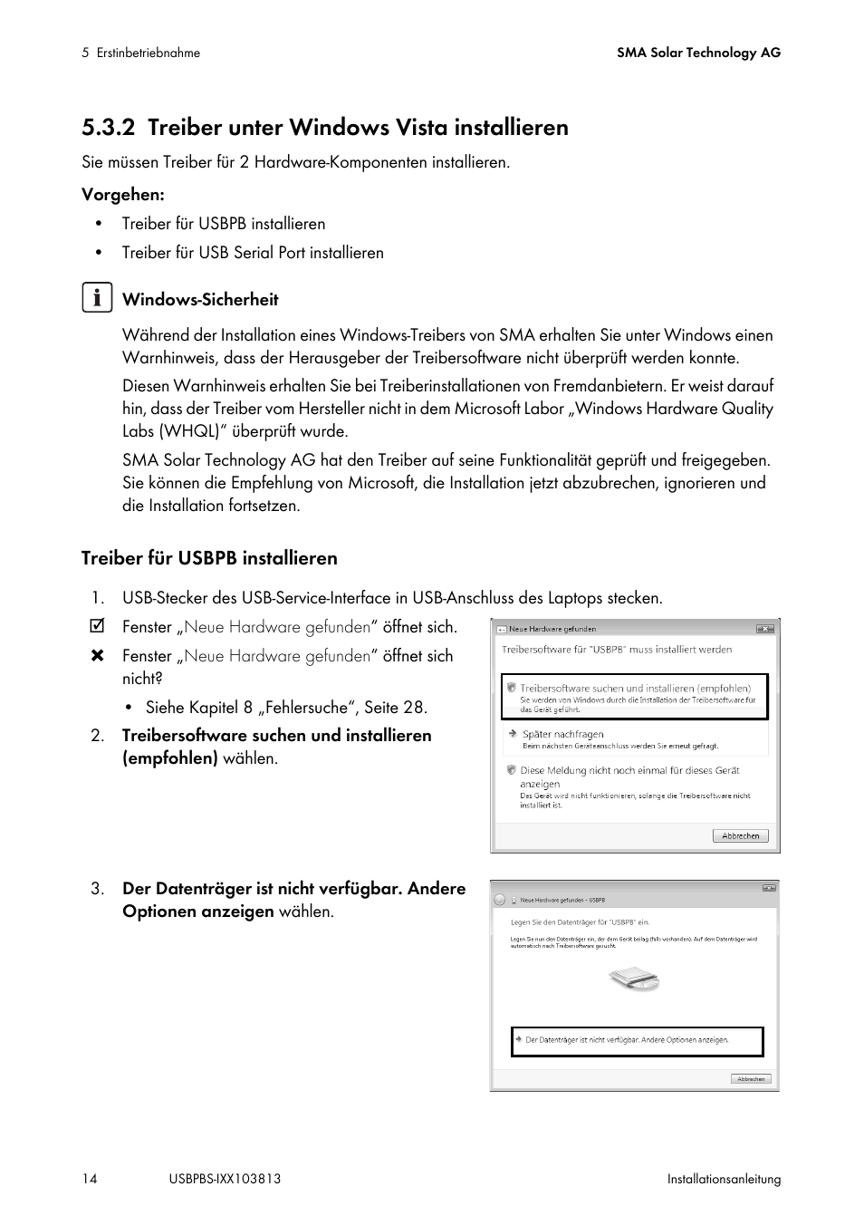 2 treiber unter windows vista installieren, Treiber unter windows vista installieren | SMA USB-Service-Interface User Manual | Page 14 / 160