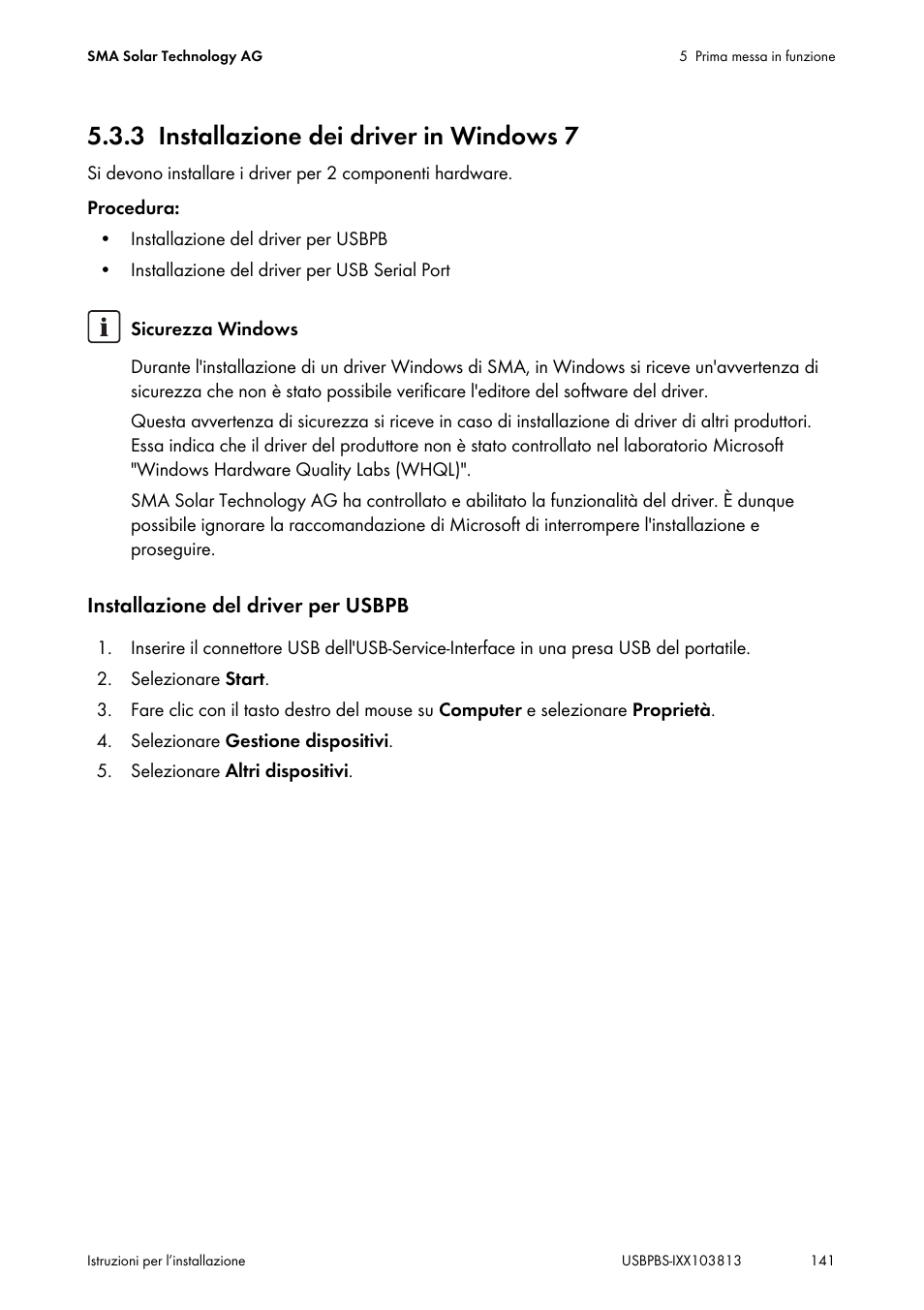 3 installazione dei driver in windows 7, Installazione dei driver in windows 7 | SMA USB-Service-Interface User Manual | Page 141 / 160