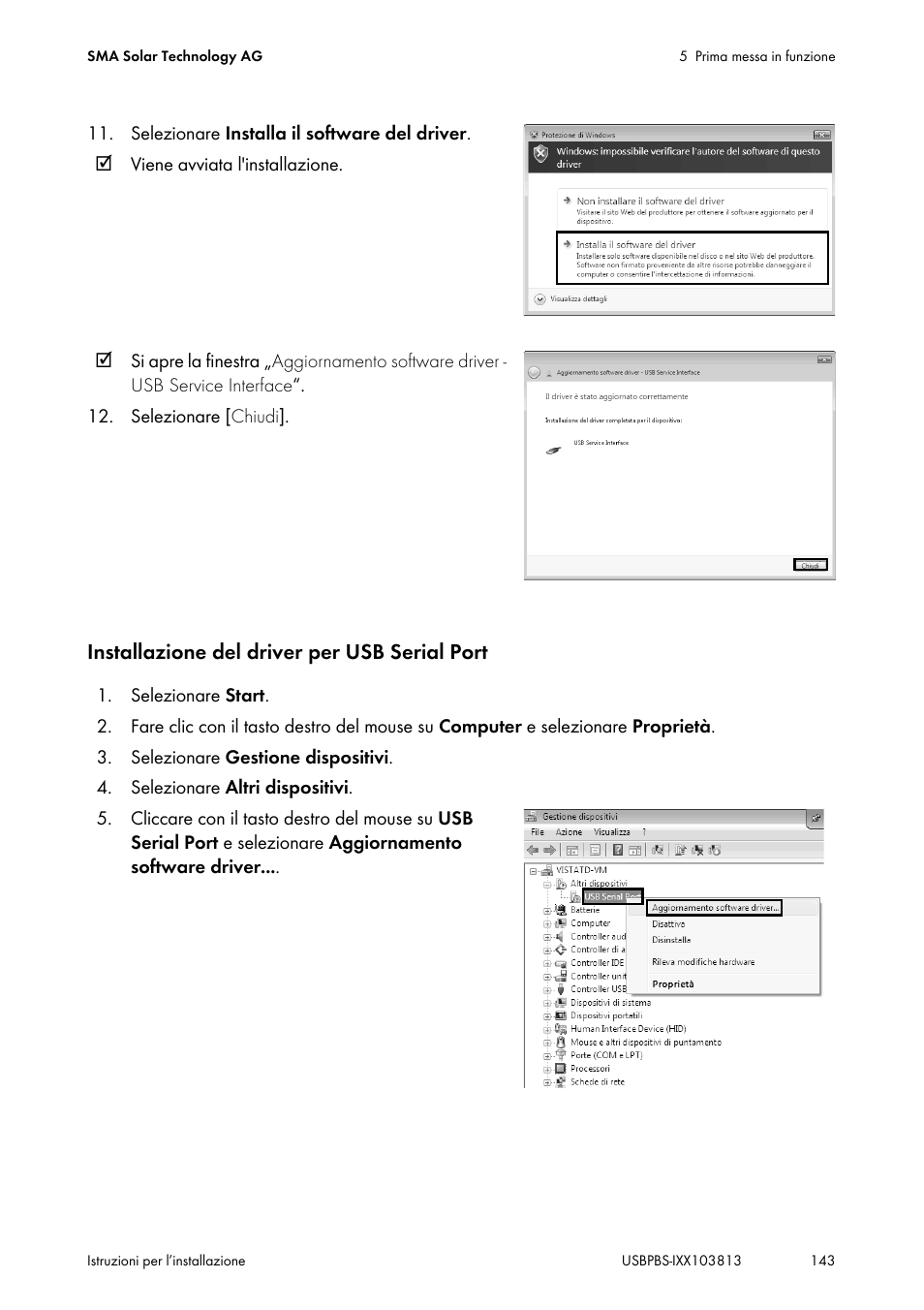 Installazione del driver per usb serial port | SMA USB-Service-Interface User Manual | Page 143 / 160