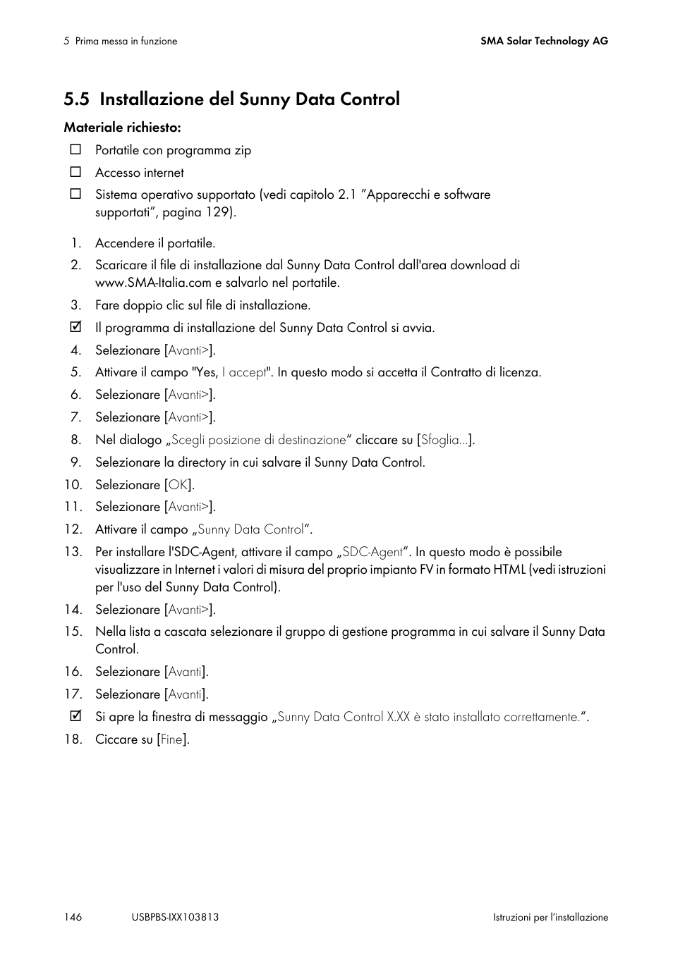 5 installazione del sunny data control, Installazione del sunny data control | SMA USB-Service-Interface User Manual | Page 146 / 160