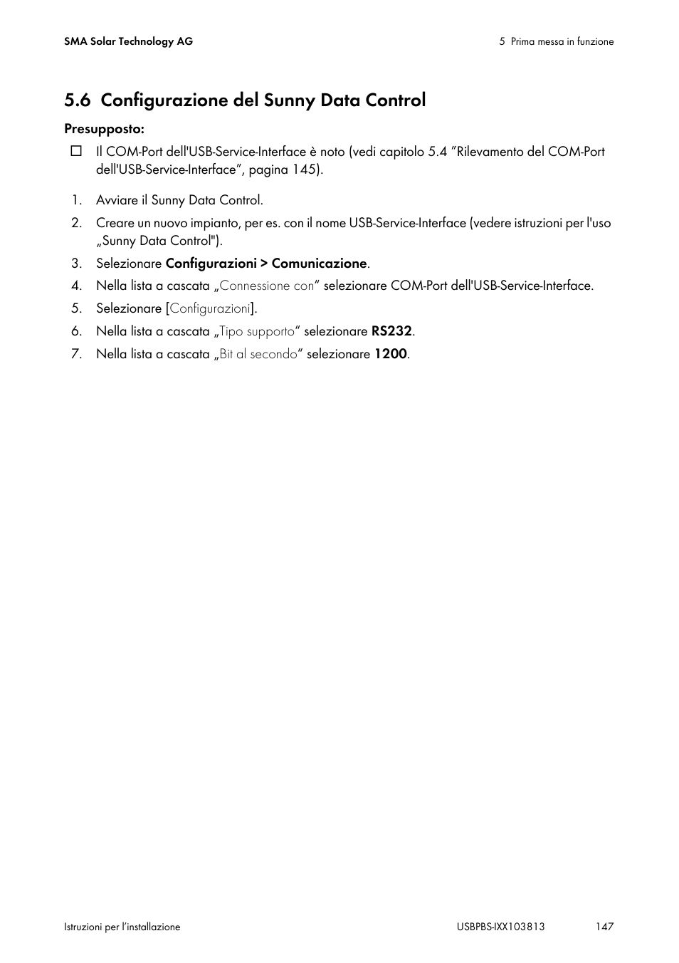 6 configurazione del sunny data control, Configurazione del sunny data control | SMA USB-Service-Interface User Manual | Page 147 / 160