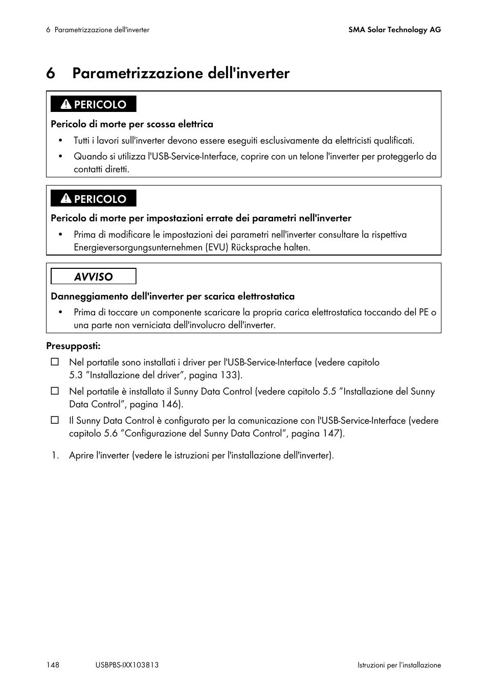 6 parametrizzazione dell'inverter, Parametrizzazione dell'inverter | SMA USB-Service-Interface User Manual | Page 148 / 160