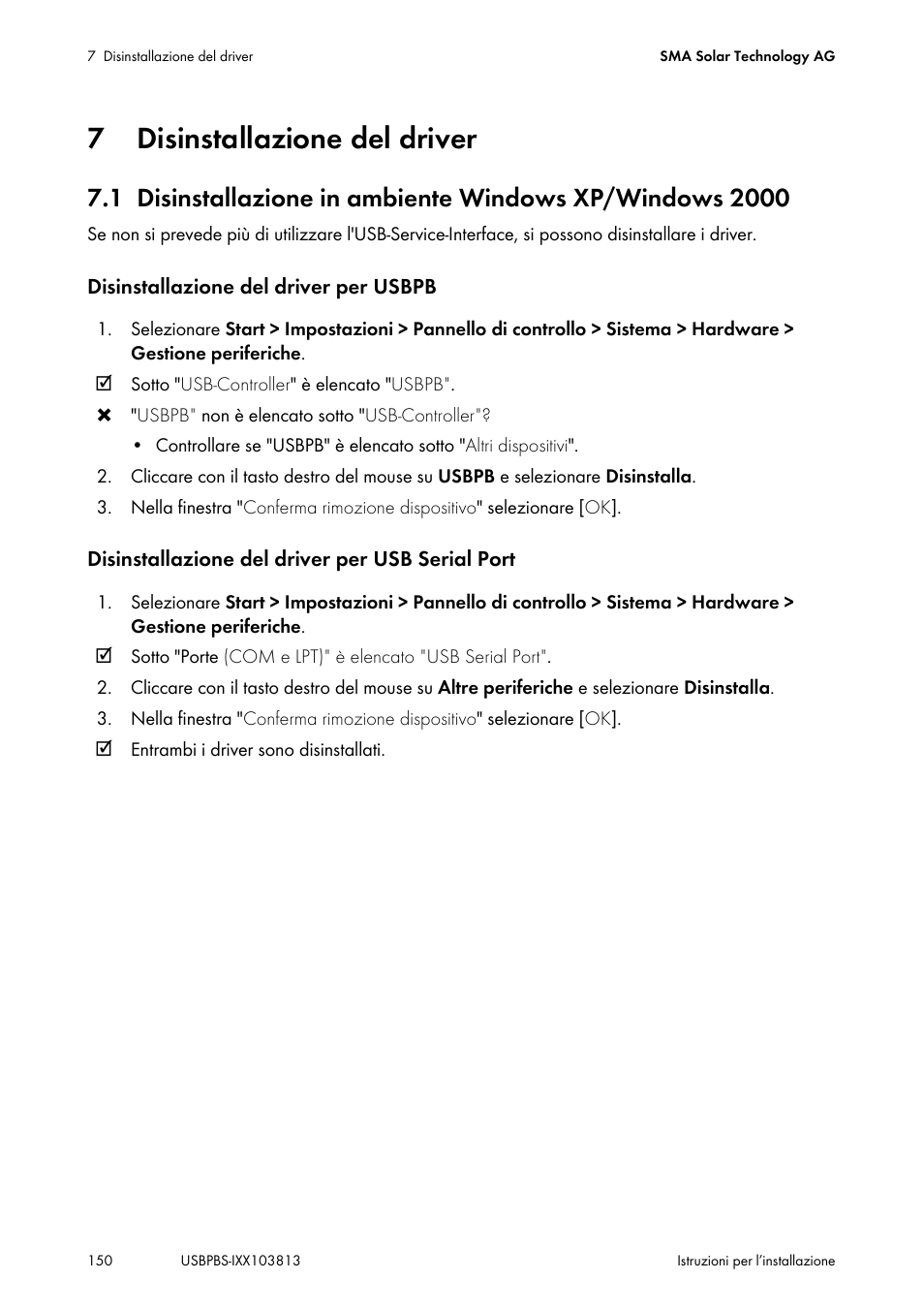 7 disinstallazione del driver, Disinstallazione del driver | SMA USB-Service-Interface User Manual | Page 150 / 160
