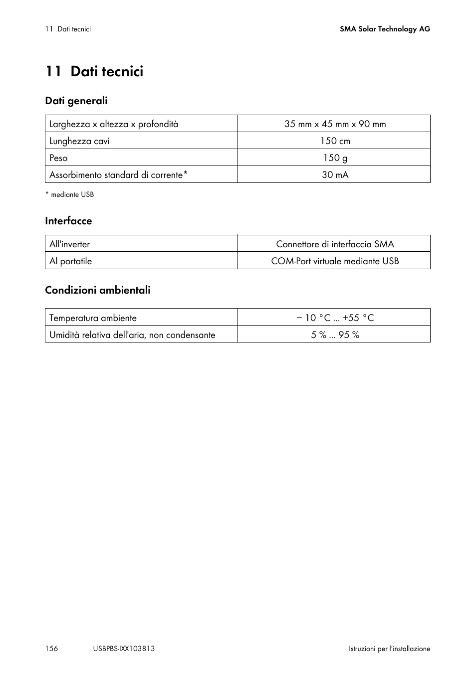 11 dati tecnici, Dati tecnici | SMA USB-Service-Interface User Manual | Page 156 / 160