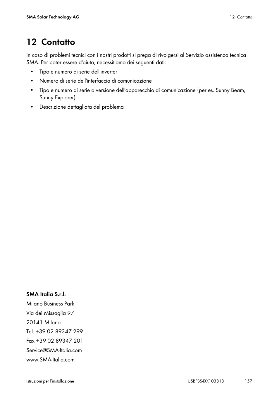 12 contatto, Contatto | SMA USB-Service-Interface User Manual | Page 157 / 160