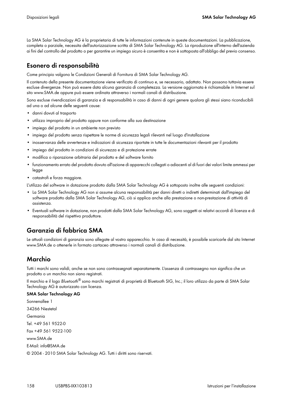 Esonero di responsabilità, Garanzia di fabbrica sma, Marchio | SMA USB-Service-Interface User Manual | Page 158 / 160