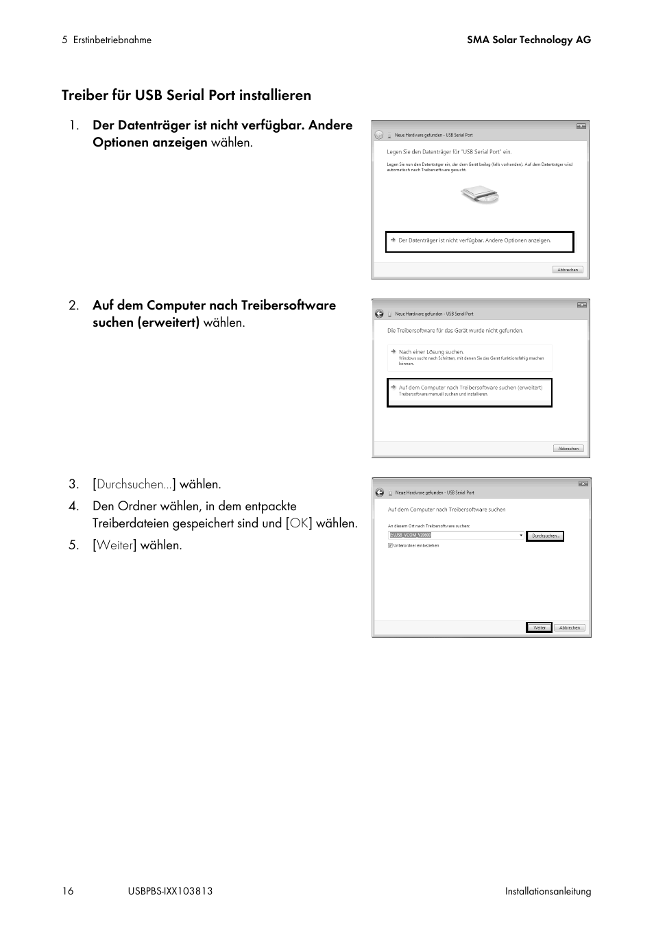 Treiber für usb serial port installieren | SMA USB-Service-Interface User Manual | Page 16 / 160