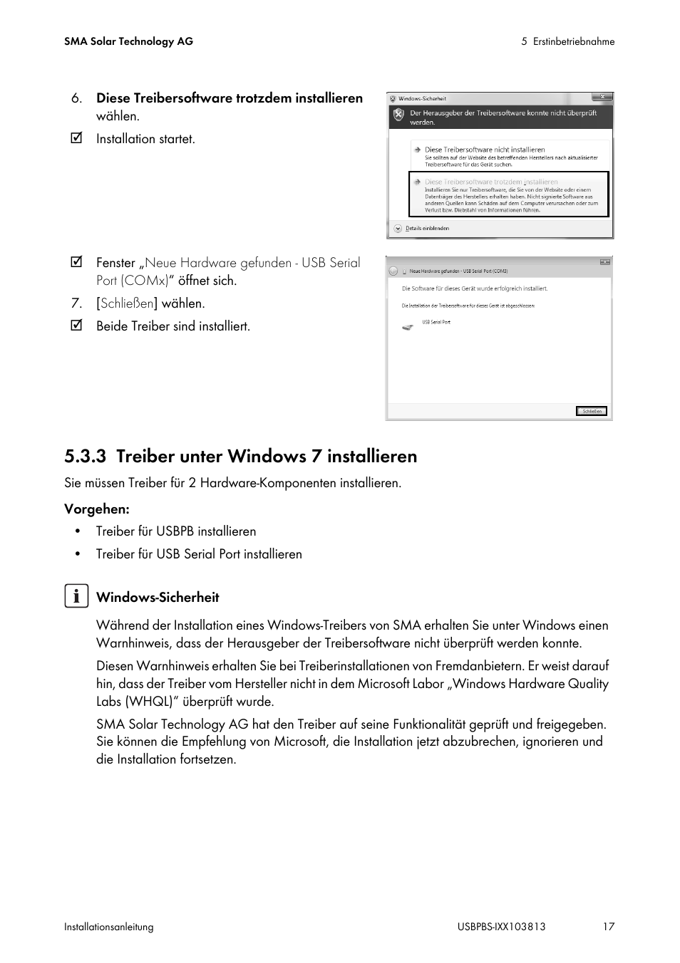 3 treiber unter windows 7 installieren, Treiber unter windows 7 installieren | SMA USB-Service-Interface User Manual | Page 17 / 160