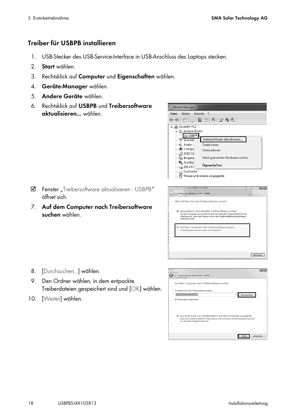 Treiber für usbpb installieren | SMA USB-Service-Interface User Manual | Page 18 / 160