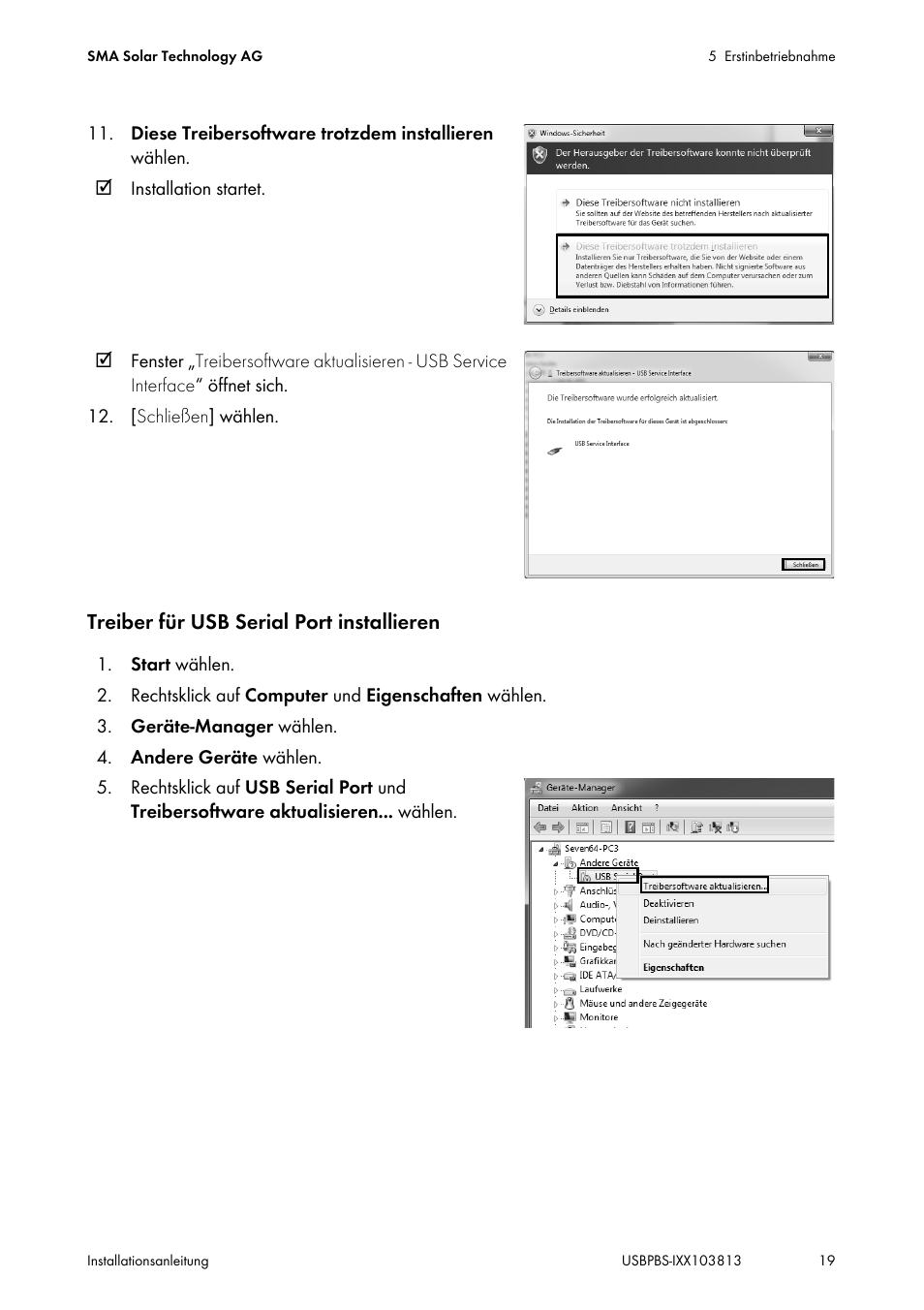 Treiber für usb serial port installieren | SMA USB-Service-Interface User Manual | Page 19 / 160
